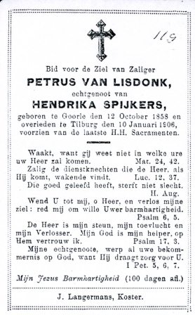 Bidprentje: Peter van de Lisdonk (1858-1906)