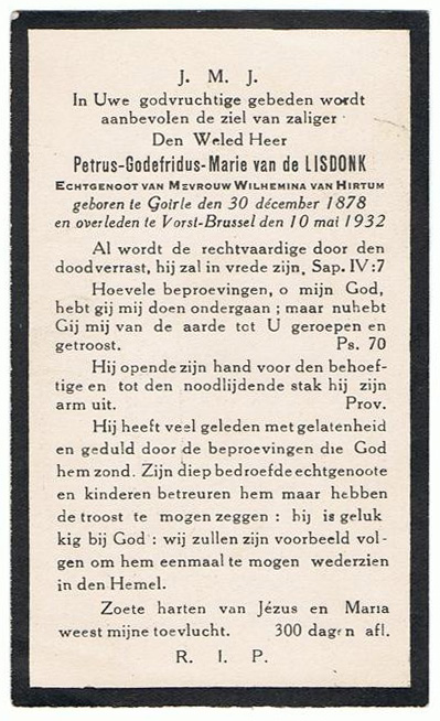 Bidprentje: Petrus Godefridus Maria van de Lisdonk (1878-1932)