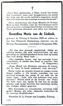 Bidprentje: Goverdina Maria Catharina van de Lisdonk (1918-1942)