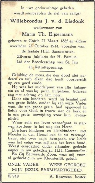 Bidprentje: Willebrordus Johannes van de Lisdonk (1865-1944)