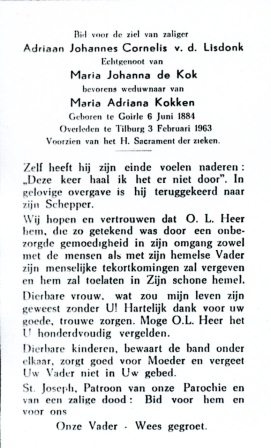 Bidprentje: Adriaan Johannes Cornelis van de Lisdonk (1884-1963)