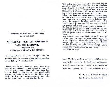 Bidprentje: Adrianus Petrus Josephus van de Lisdonk (1898-1968)