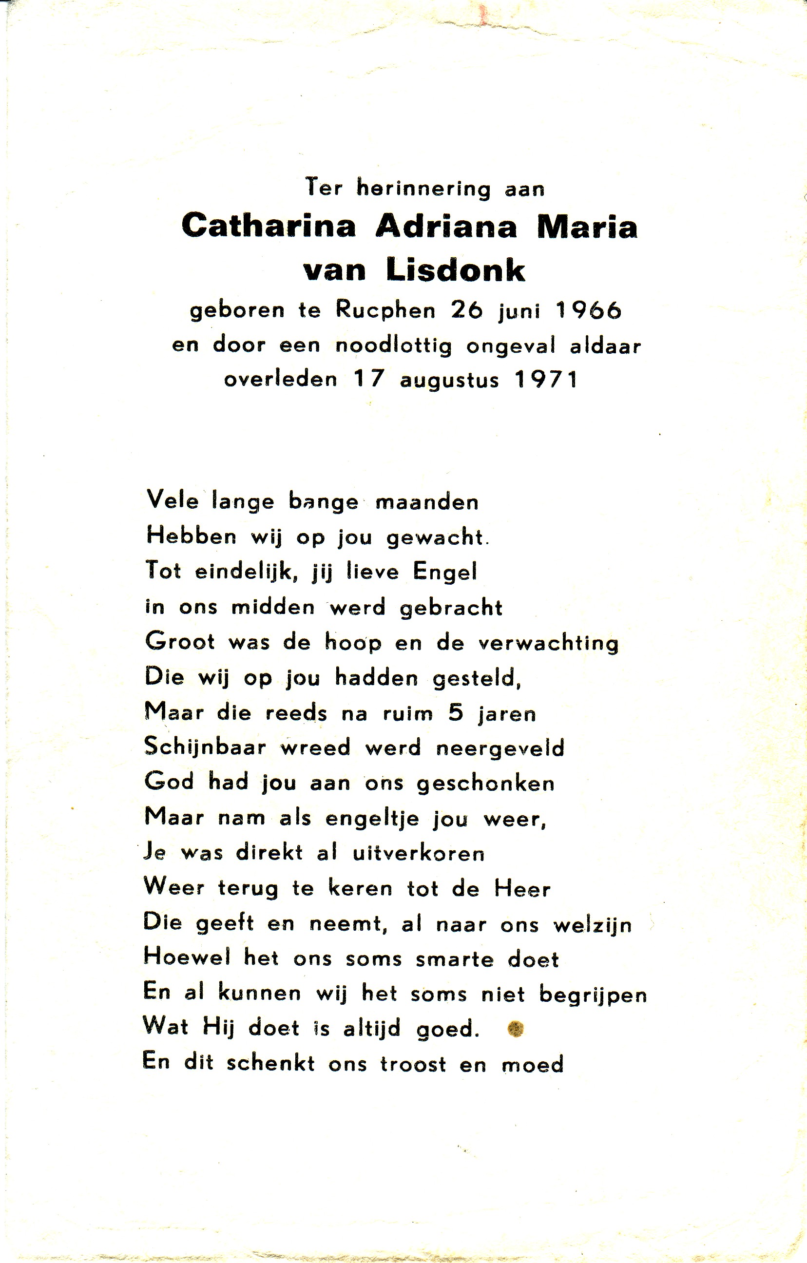 Bidprentje: Catharina Adriana Maria van Lisdonk (1966-1971)