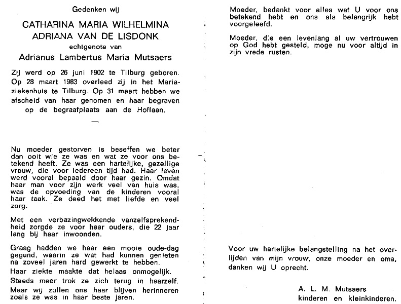 Bidprentje: Catharina Maria Wilhelmina Adriana van de Lisdonk (1902-1983)