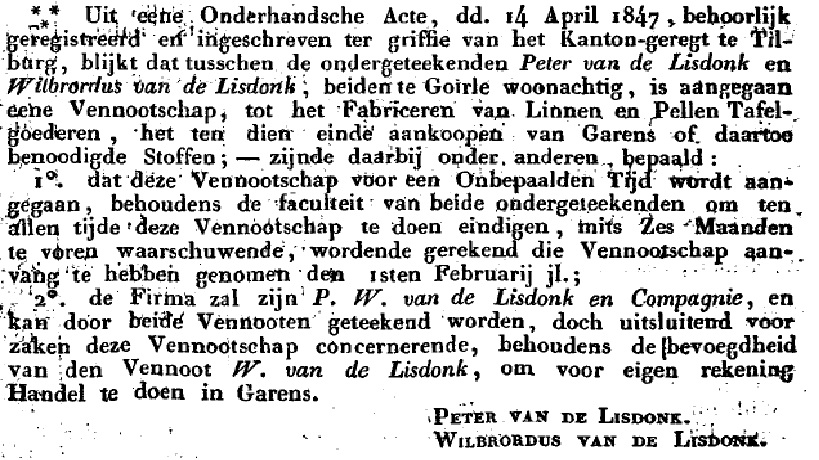 Oprichting P & W van de Lisdonk op 15 april 1847